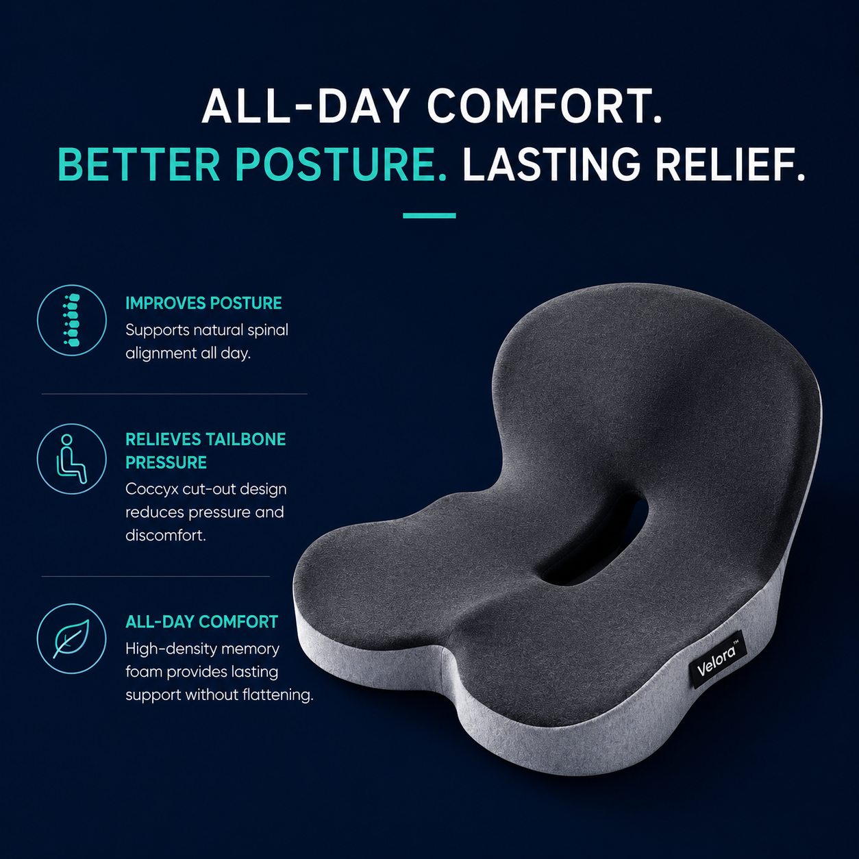 Velora™ Orthopedic Seat Cushion | Relieve Tailbone & Lower Back Pressure