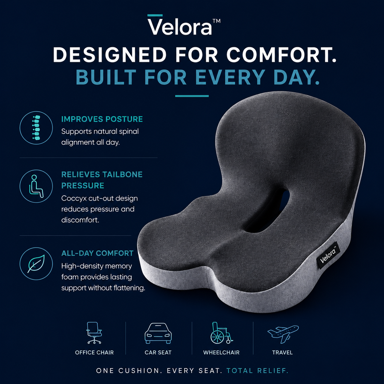 Velora™ Orthopedic Seat Cushion | Relieve Tailbone & Lower Back Pressure